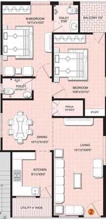 Floor plan of 2 BHK 1170 Sq. Ft. Apartment in Akruthi Inspire, Hyderabad