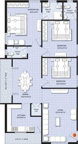 Floor plan of 3 BHK 1635 Sq. Ft. Apartment in Akruthi Inspire, Hyderabad