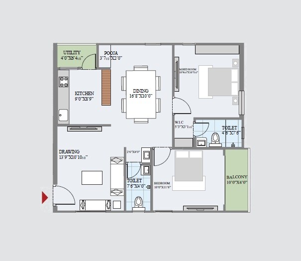 Floor plan of 2 BHK 1100 Sq. Ft. Apartment in Akruthi Sri Vatsa, Hyderabad