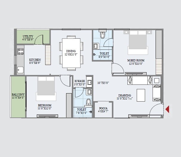 Floor plan of 2 BHK 1300 Sq. Ft. Apartment in Akruthi Sri Vatsa, Hyderabad