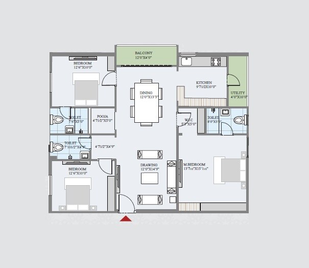Floor plan of 3 BHK 1595 Sq. Ft. Apartment in Akruthi Sri Vatsa, Hyderabad