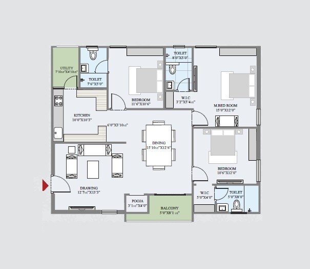 Floor plan of 3 BHK 1660 Sq. Ft. Apartment in Akruthi Sri Vatsa, Hyderabad