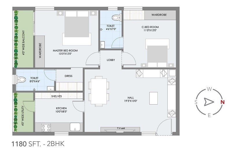 Floor plan of 2 BHK 1180 Sq. Ft. Apartment in Akruthi Stavya, Hyderabad