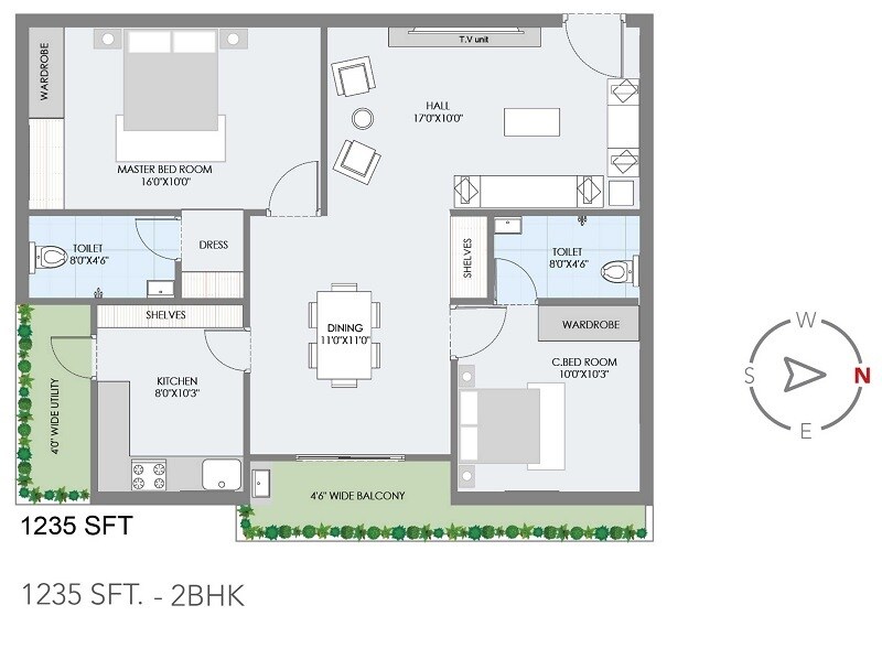 Floor plan of 2 BHK 1235 Sq. Ft. Apartment in Akruthi Stavya, Hyderabad