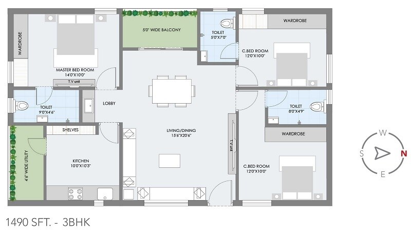 Floor plan of 3 BHK 1490 Sq. Ft. Apartment in Akruthi Stavya, Hyderabad