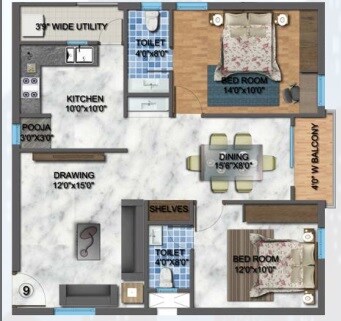 Floor plan of 2 BHK 1210 Sq. Ft. Apartment in Akruthi Venkatadri Tower B Block, Hyderabad