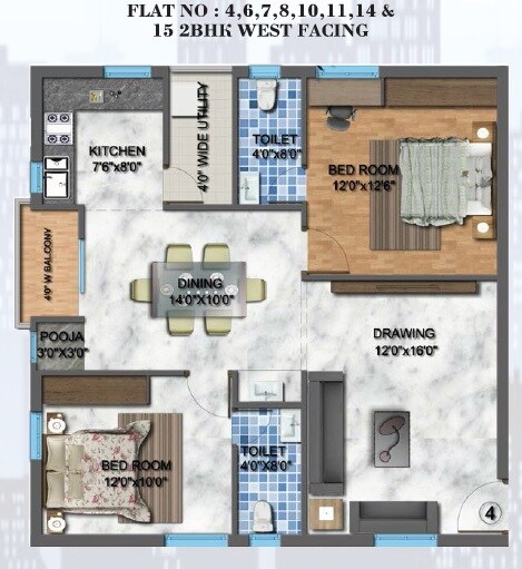 Floor plan of 2 BHK 1160 Sq. Ft. Apartment in Akruthi Venkatadri Towers, Hyderabad