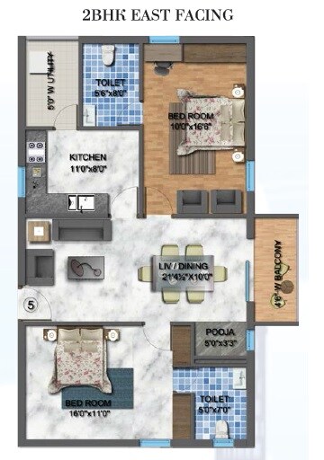 Floor plan of 2 BHK 1200 Sq. Ft. Apartment in Akruthi Venkatadri Towers, Hyderabad