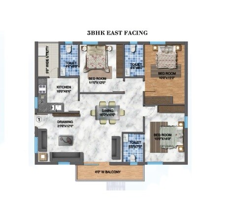 Floor plan of 3 BHK 1550 Sq. Ft. Apartment in Akruthi Venkatadri Towers, Hyderabad