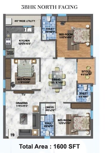 Floor plan of 3 BHK 1600 Sq. Ft. Apartment in Akruthi Venkatadri Towers, Hyderabad