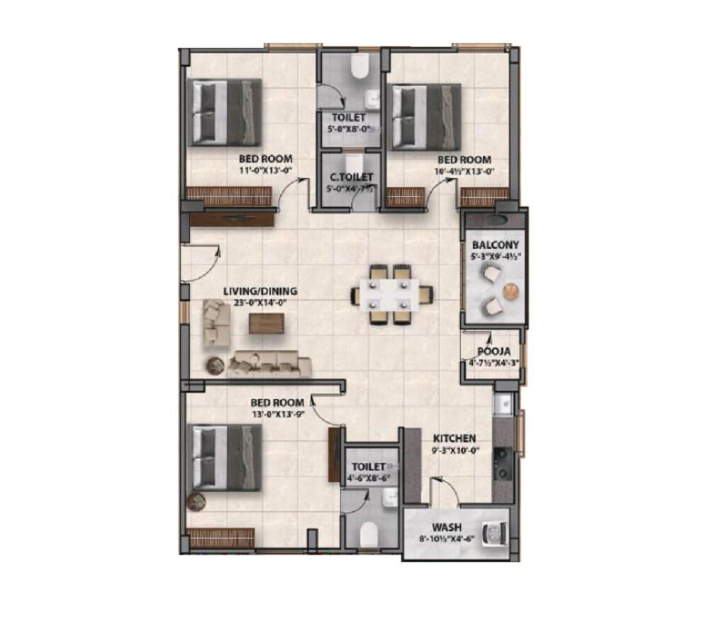 Floor plan of 3 BHK 1520 Sq. Ft. Apartment in Akshara Muthadi Sumithra Residency, Hyderabad