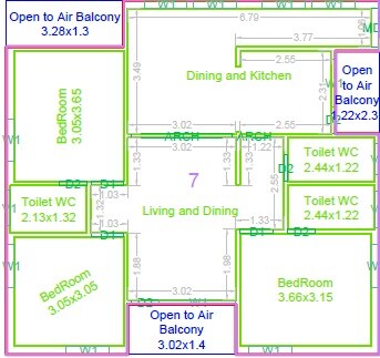 Floor plan of 3 BHK 1559 Sq. Ft. Apartment in Akshaya Vihar, Hyderabad