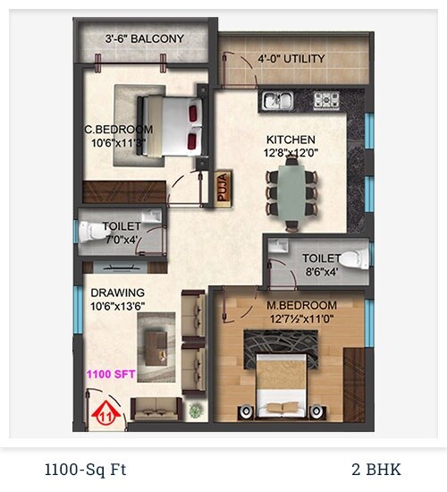 Floor plan of 2 BHK 1100 Sq. Ft. Apartment in Akshita Heights Six, Hyderabad