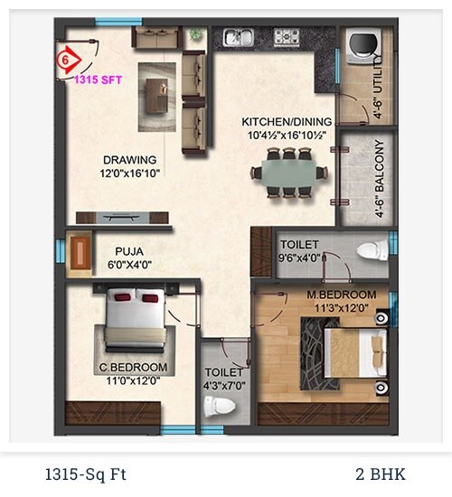 Floor plan of 2 BHK 1315 Sq. Ft. Apartment in Akshita Heights Six, Hyderabad