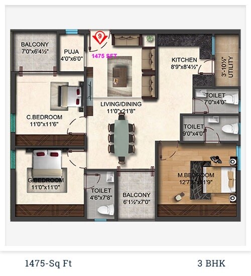 Floor plan of 3 BHK 1475 Sq. Ft. Apartment in Akshita Heights Six, Hyderabad