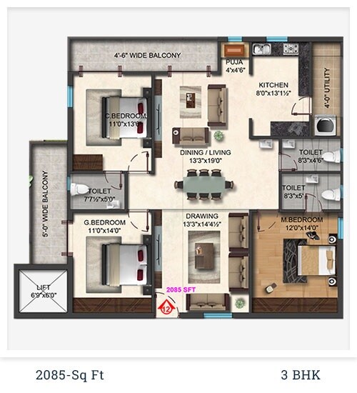 Floor plan of 3 BHK 2085 Sq. Ft. Apartment in Akshita Heights Six, Hyderabad