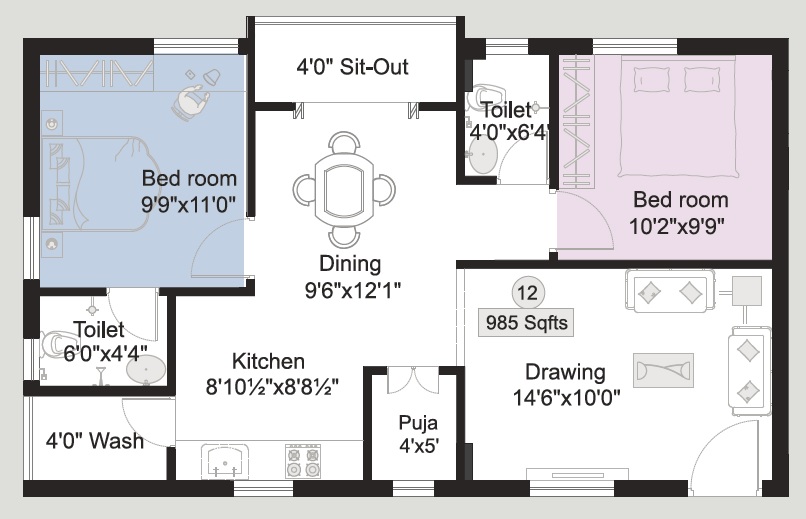 2 BHK 985 Sq. Ft. Apartment in Akshita Heights Three