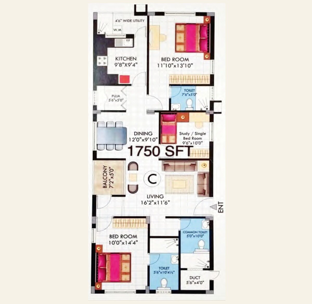 3 BHK 1750 Sq. Ft. Apartment