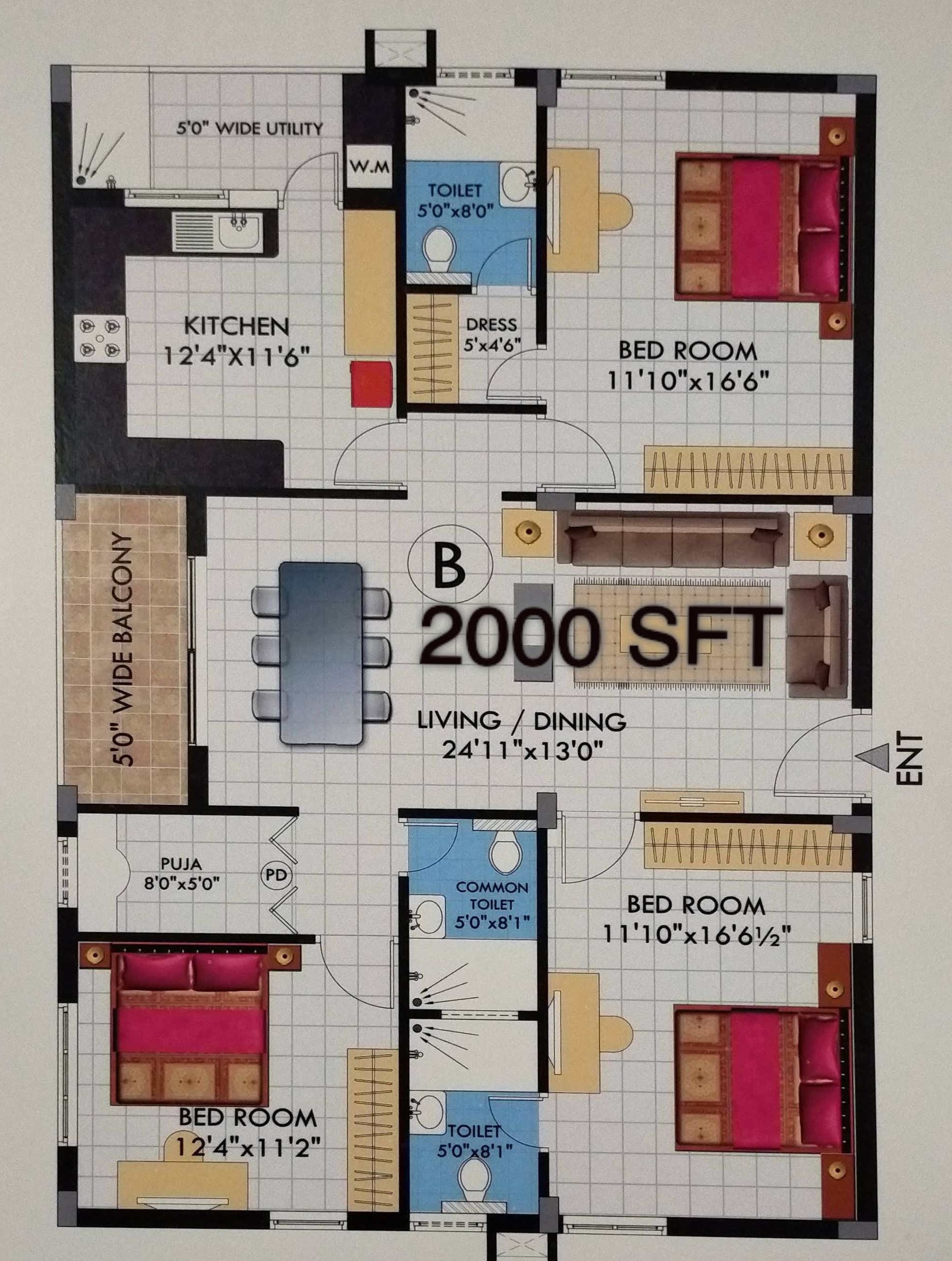 3 BHK 2000 Sq. Ft. Apartment in Alekhya Enclave