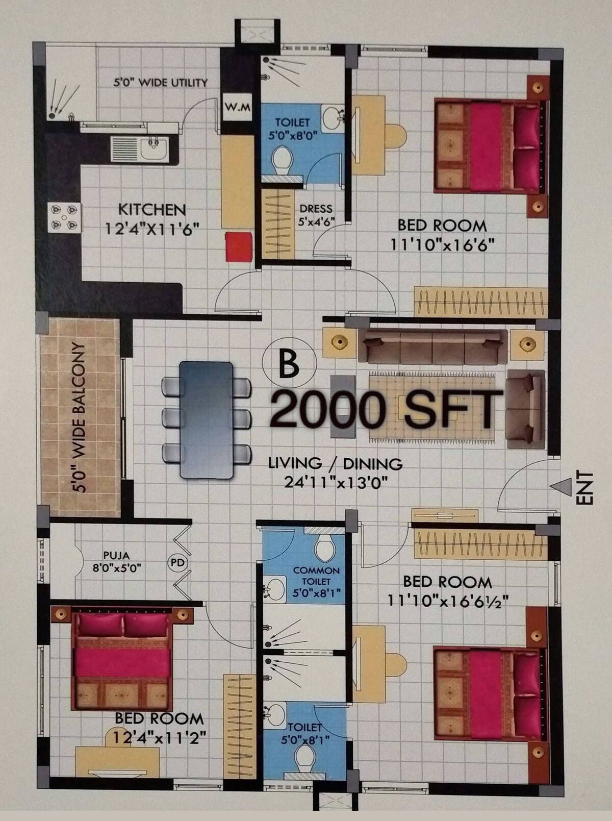 3 BHK 2000 Sq. Ft. Apartment