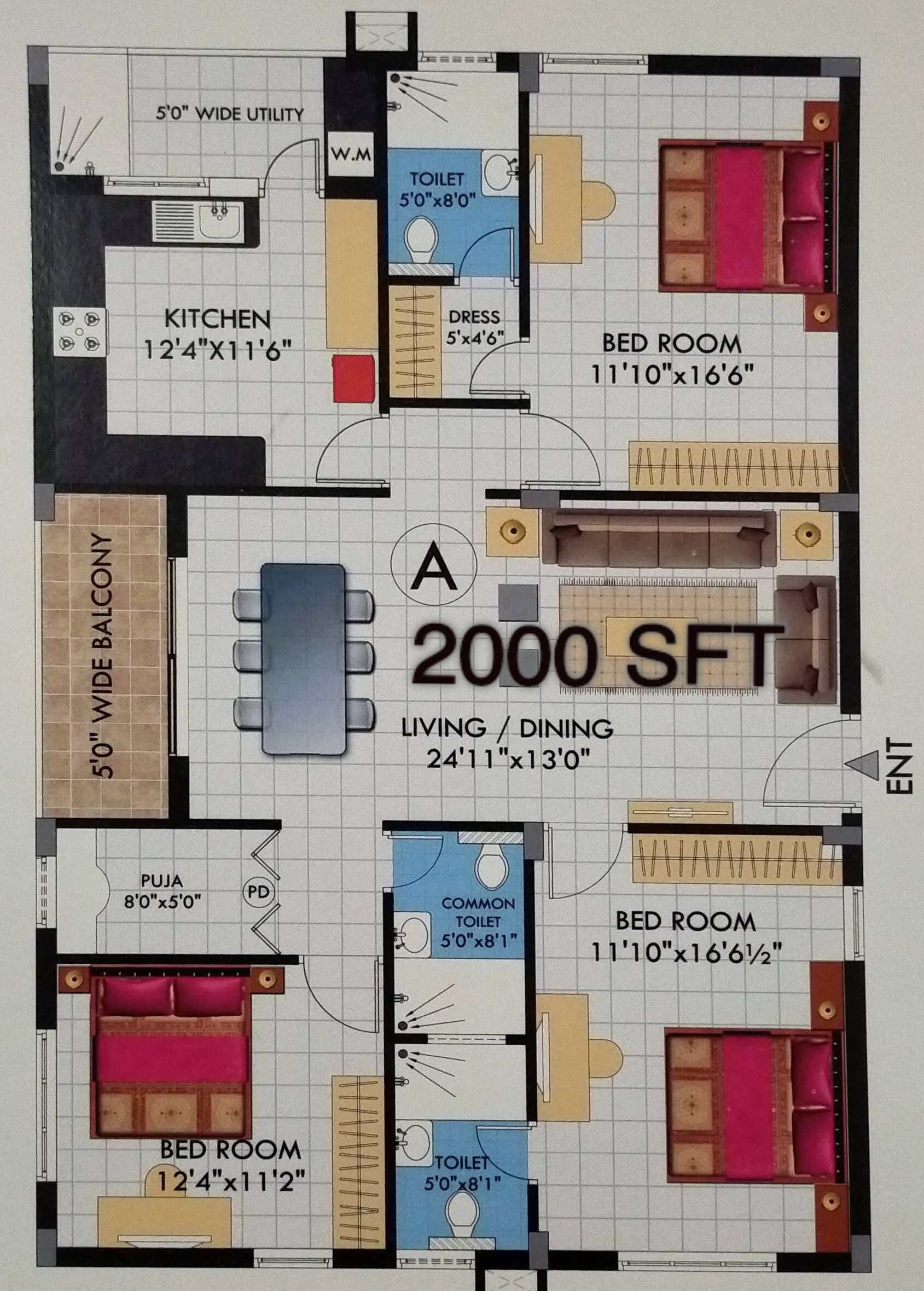 3 BHK 1750 Sq. Ft. Apartment