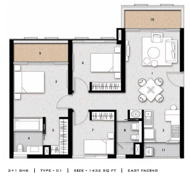 Floor plan of 2 BHK 1432 Sq. Ft. Apartment in Aliens Space Station, Hyderabad