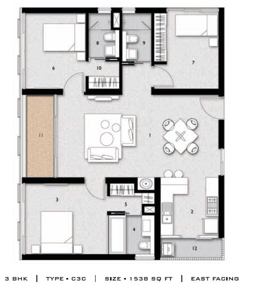 Floor plan of 3 BHK 1538 Sq. Ft. Apartment in Aliens Space Station, Hyderabad