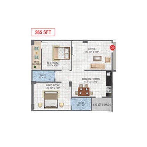 Floor plan of 2 BHK 965 Sq. Ft. Apartment in Alliance Advent, Hyderabad