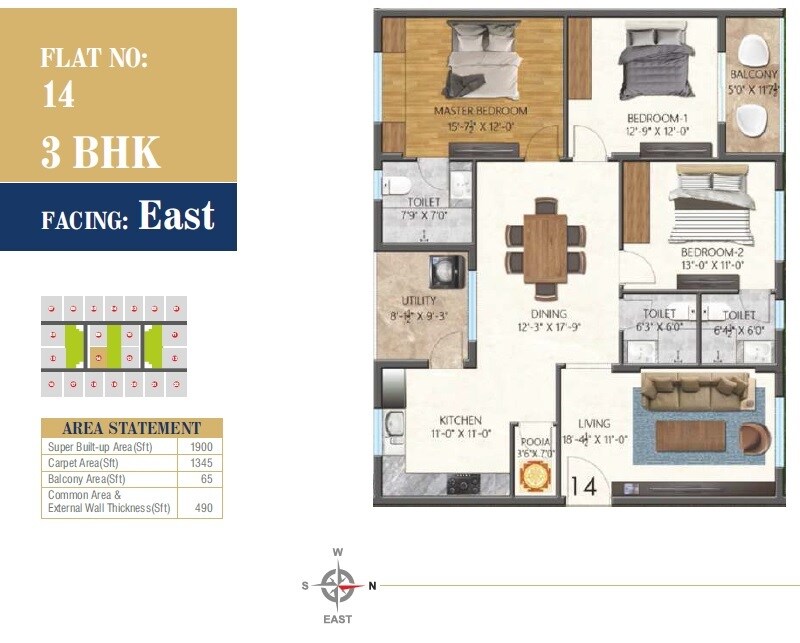 Floor plan of 3 BHK 1900 Sq. Ft. Apartment in Allied Imperial Avenue, Hyderabad