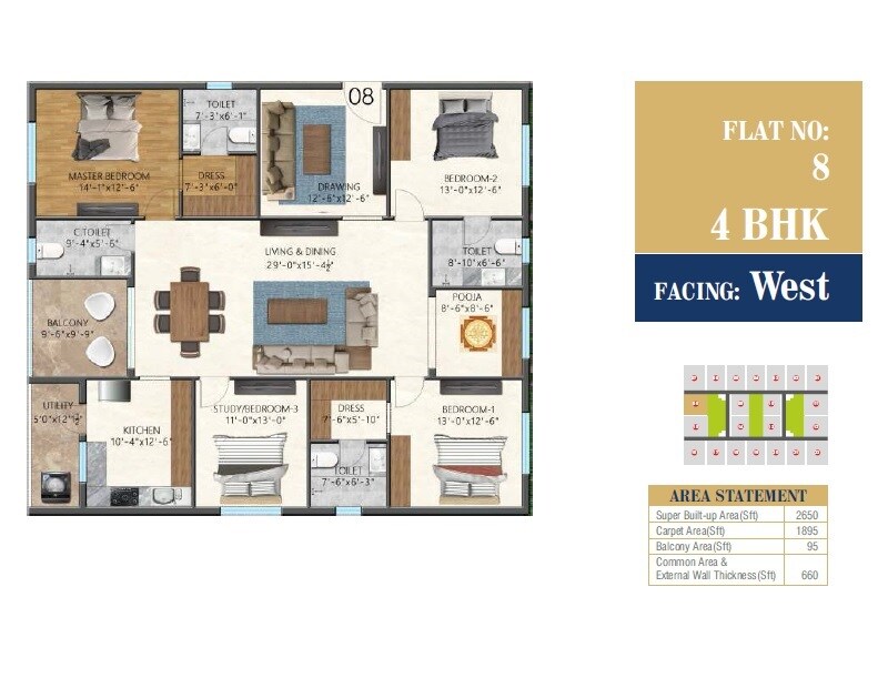 Floor plan of 4 BHK 2650 Sq. Ft. Apartment in Allied Imperial Avenue, Hyderabad