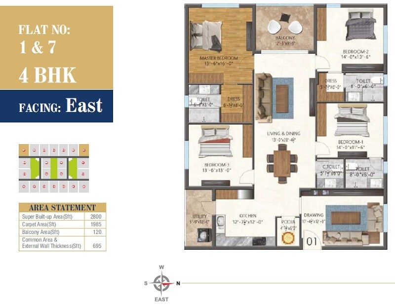 Floor plan of 4 BHK 2800 Sq. Ft. Apartment in Allied Imperial Avenue, Hyderabad