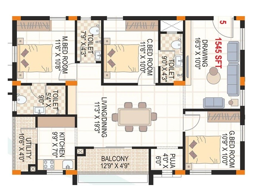 3 BHK 1545 Sq. Ft. Apartment