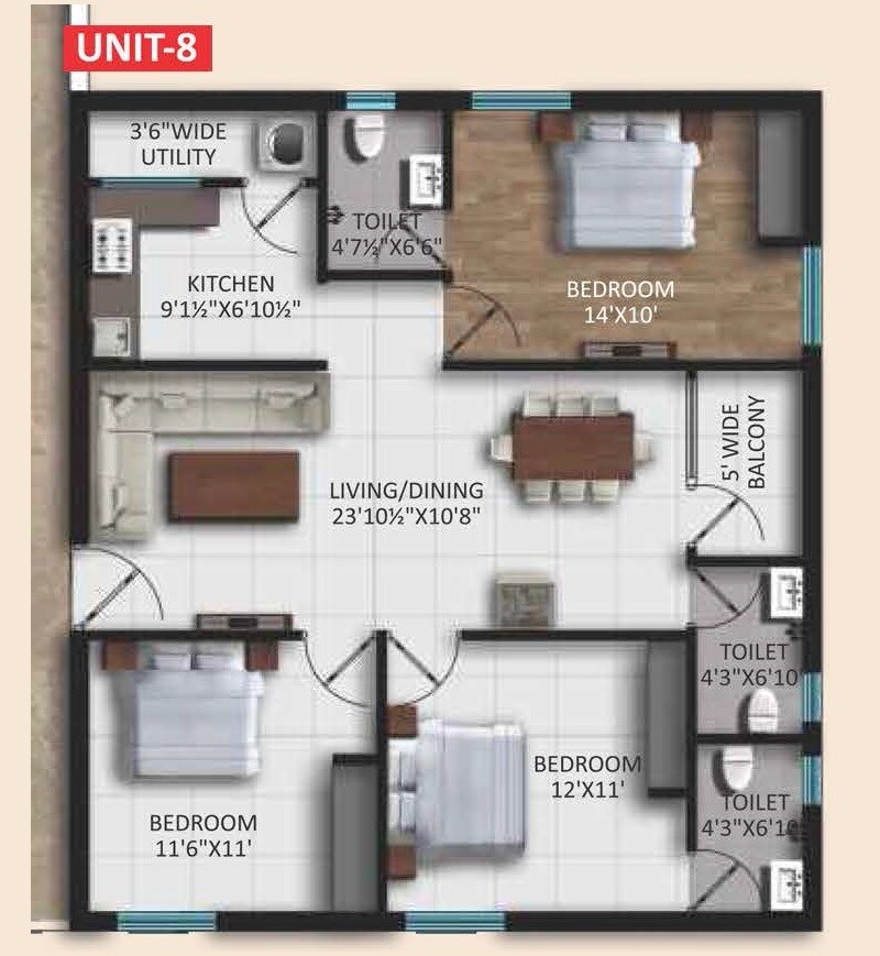 3 BHK 1305 Sq. Ft. Apartment