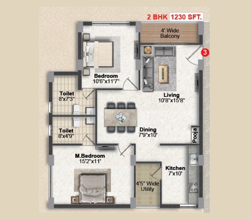 2 BHK 1230 Sq. Ft. Apartment
