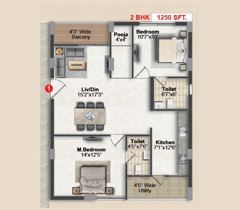 2 BHK 1250 Sq. Ft. Apartment