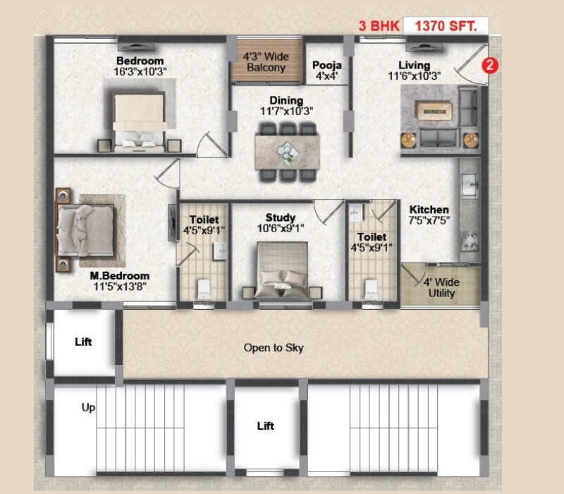 3 BHK 1370 Sq. Ft. Apartment