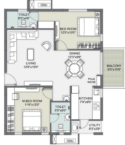 Floor plan of 2 BHK 1340 Sq. Ft. Apartment in Ambience Courtyard, Hyderabad