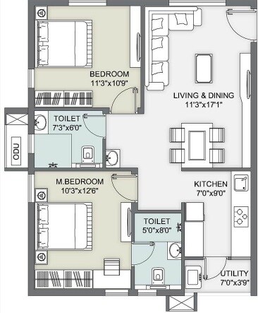 Floor plan of 2 BHK 980 Sq. Ft. Apartment in Ambience Courtyard, Hyderabad