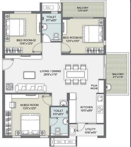 Floor plan of 3 BHK 1370 Sq. Ft. Apartment in Ambience Courtyard, Hyderabad