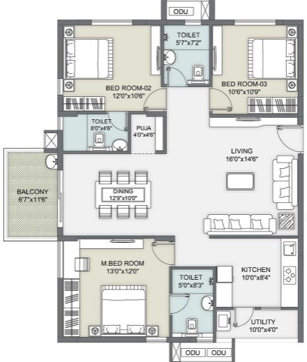 Floor plan of 3 BHK 1640 Sq. Ft. Apartment in Ambience Courtyard, Hyderabad