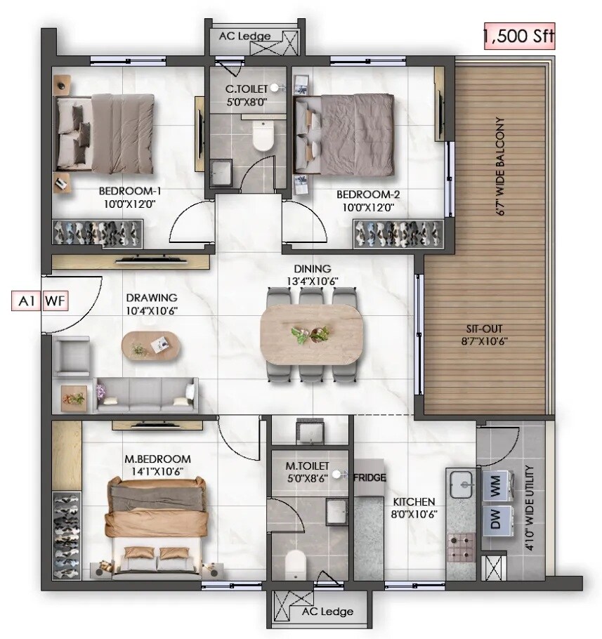 3 BHK 1500 Sq. Ft. Apartment