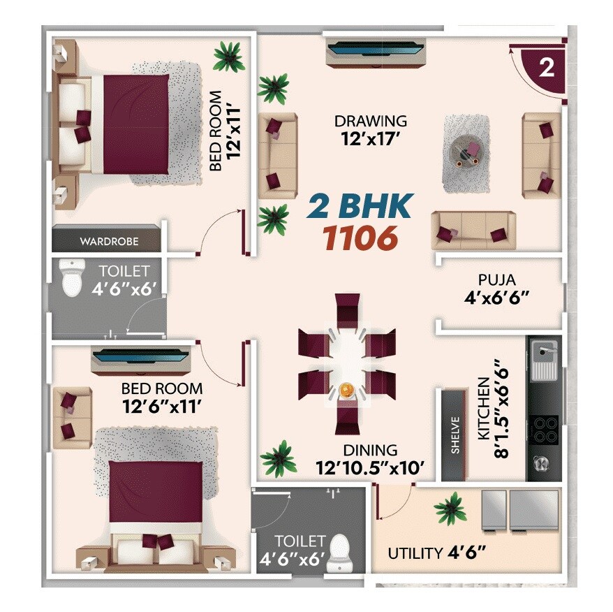 Floor plan of 2 BHK 1106 Sq. Ft. Apartment in Ambience Mathru Chaya, Hyderabad