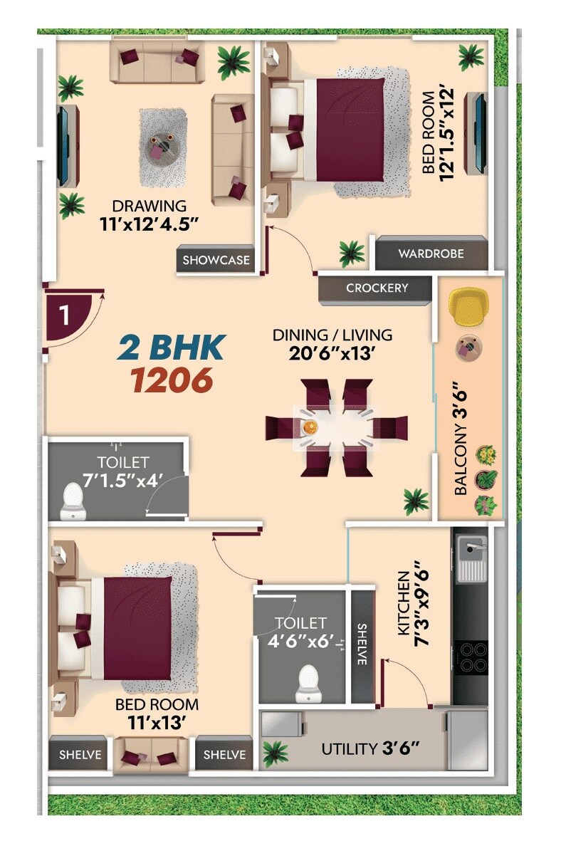 Floor plan of 2 BHK 1206 Sq. Ft. Apartment in Ambience Mathru Chaya, Hyderabad