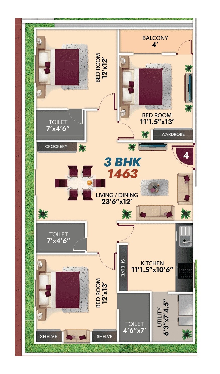 Floor plan of 3 BHK 1460 Sq. Ft. Apartment in Ambience Mathru Chaya, Hyderabad