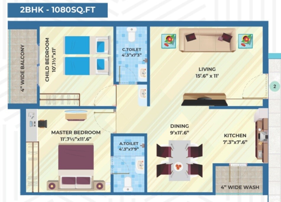 Floor plan of 2 BHK 1080 Sq. Ft. Apartment in Ameya Shine, Hyderabad