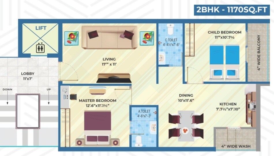Floor plan of 2 BHK 1170 Sq. Ft. Apartment in Ameya Shine, Hyderabad