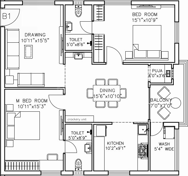 Floor plan of 2 BHK 1395 Sq. Ft. Apartment in Amigo United Avenues, Hyderabad