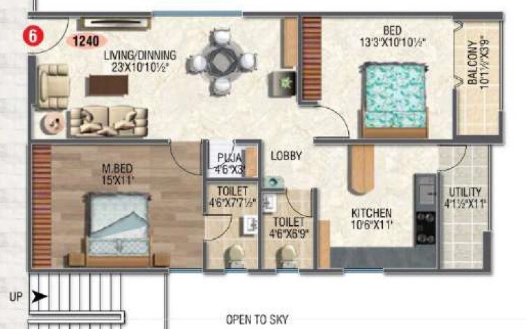 Floor plan of 2 BHK 1240 Sq. Ft. Apartment in Amigo Urban, Hyderabad