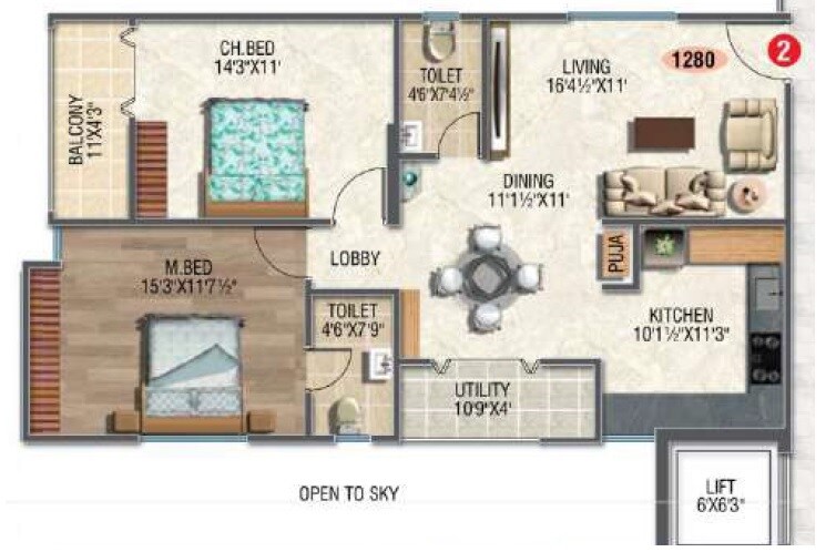 2 BHK 1280 Sq. Ft. Apartment
