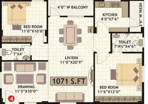 Floor plan of 2 BHK 1071 Sq. Ft. Apartment in Amrutha Laxmi Residency, Hyderabad
